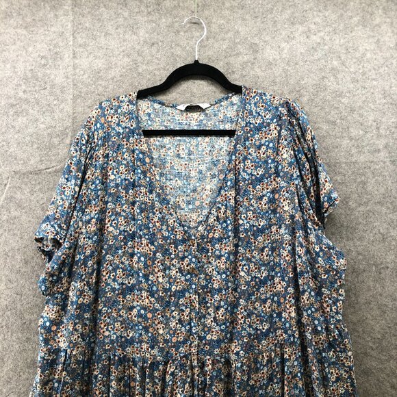 Sonoma Tiered Maxi Dress Womens 3X Blue Floral Short Sleeve V-Neck Button Front - Picture 3 of 10